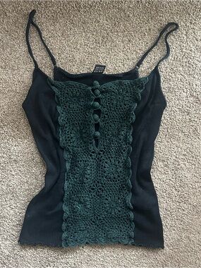 Oscalito Dark Green & Blacl Crochet-Front Ribbed Cami